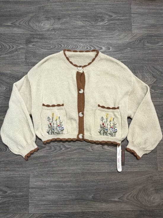 ROMWE Sweaters - Cottagecore Beige Knit Cardigan 1XL Floral Embroidery Pockets Button Spring NEW